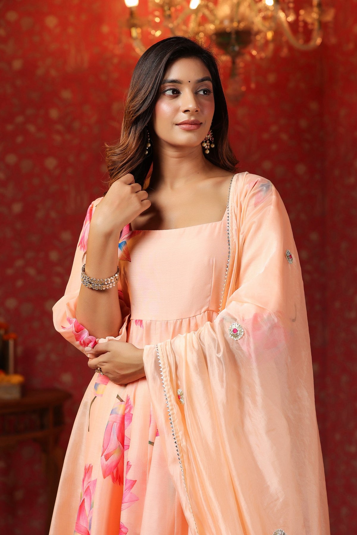 Peach Chanderi  Printed Squar Neck Anarkali Suit Set Of 3
