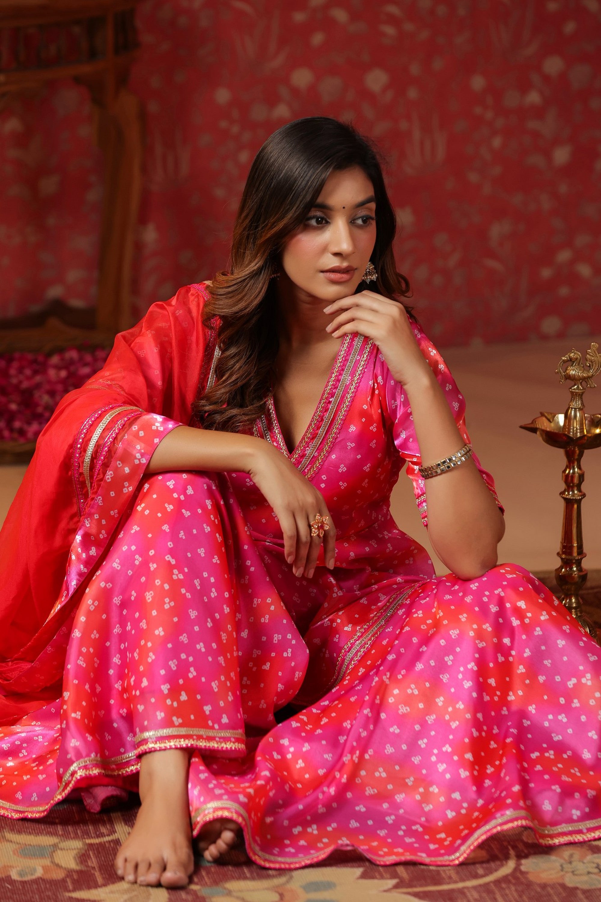 Pink Bandhani Jimmy Choo Sharara Set  Of 3