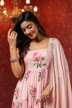 Pink  Chinon Printed  Tired Anarkali Set Of 3