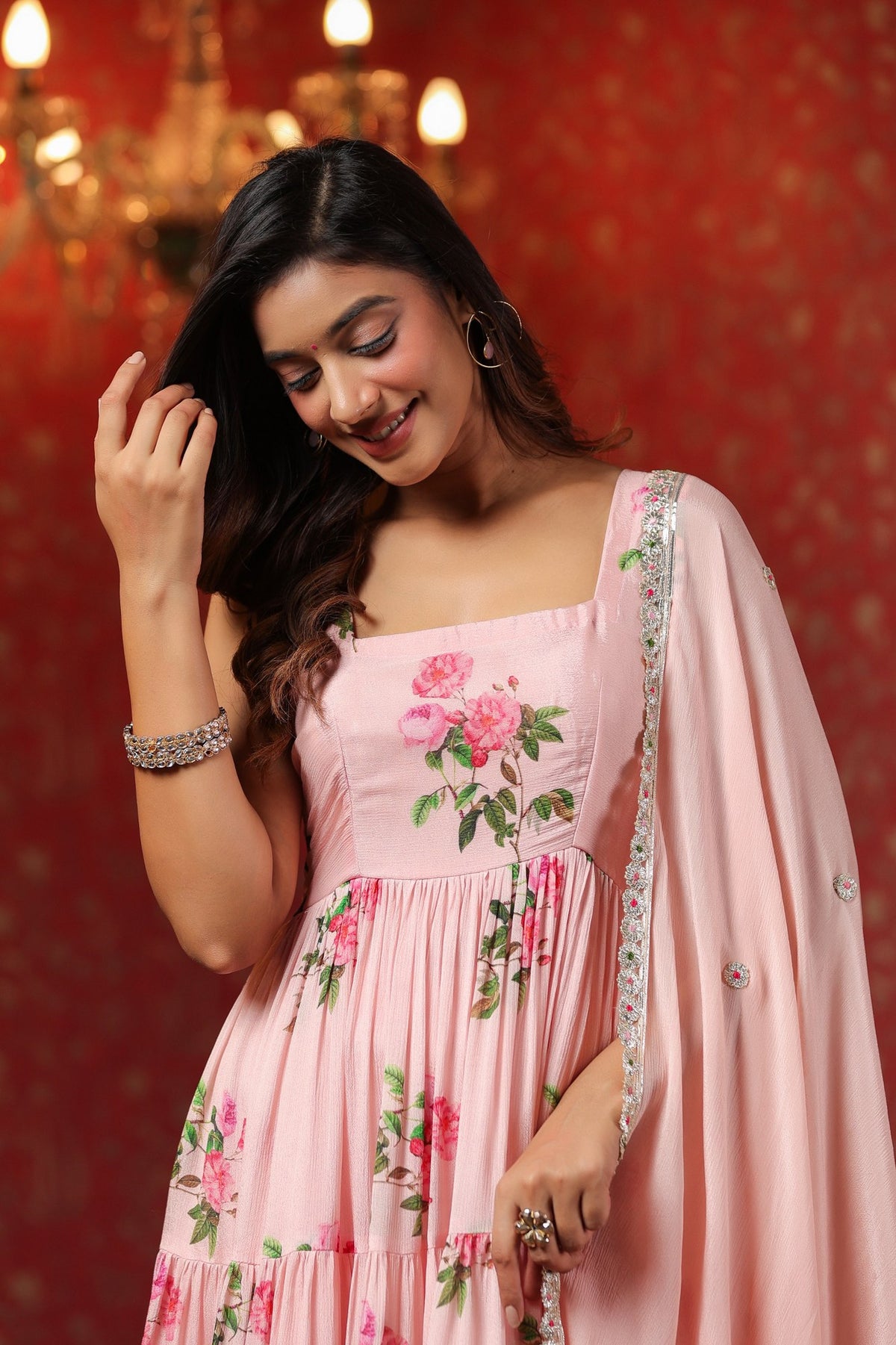 Pink  Chinon Printed  Tired Anarkali Set Of 3