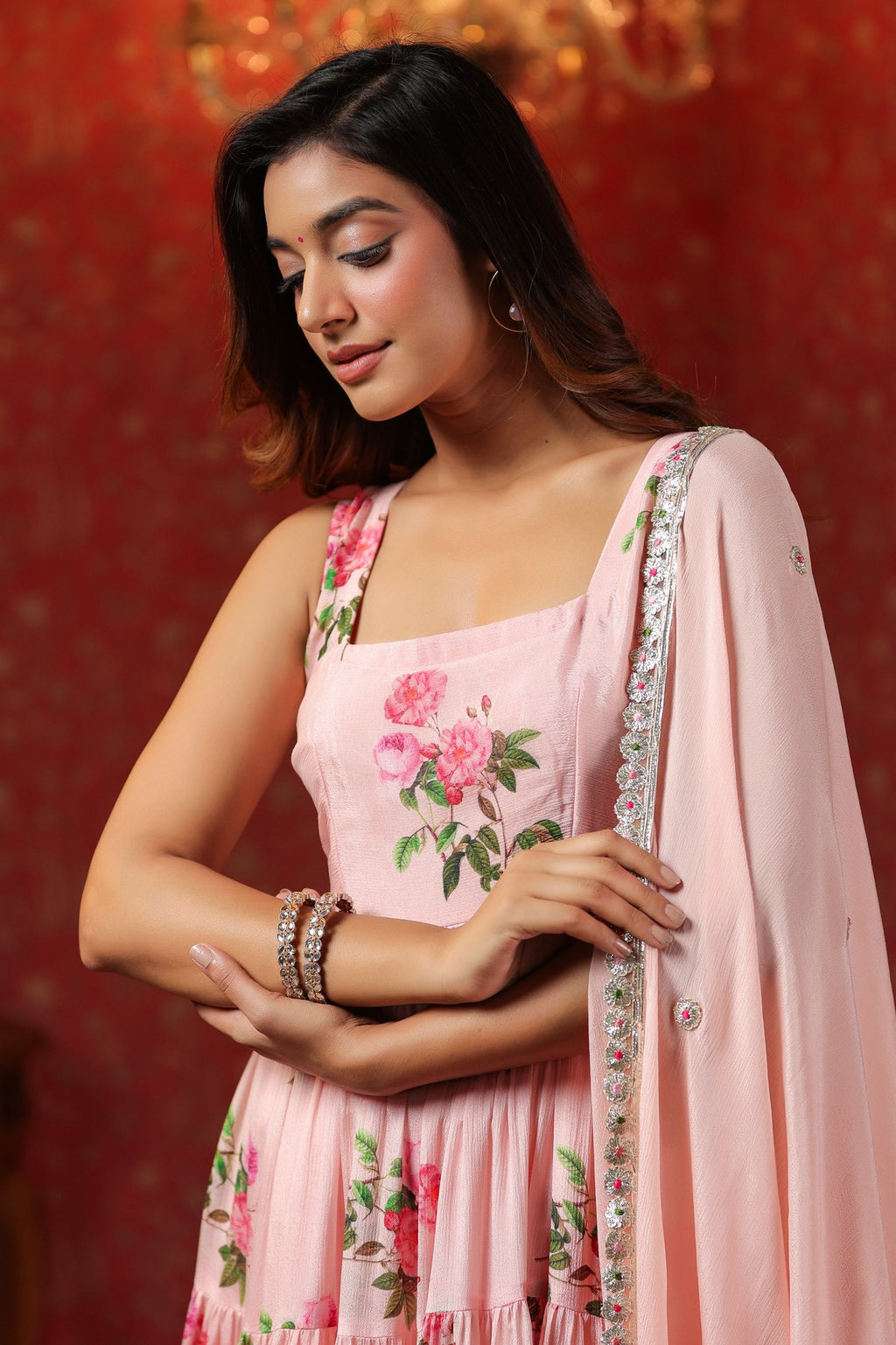 Pink  Chinon Printed  Tired Anarkali Set Of 3