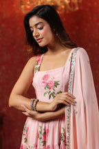 Pink  Chinon Printed  Tired Anarkali Set Of 3