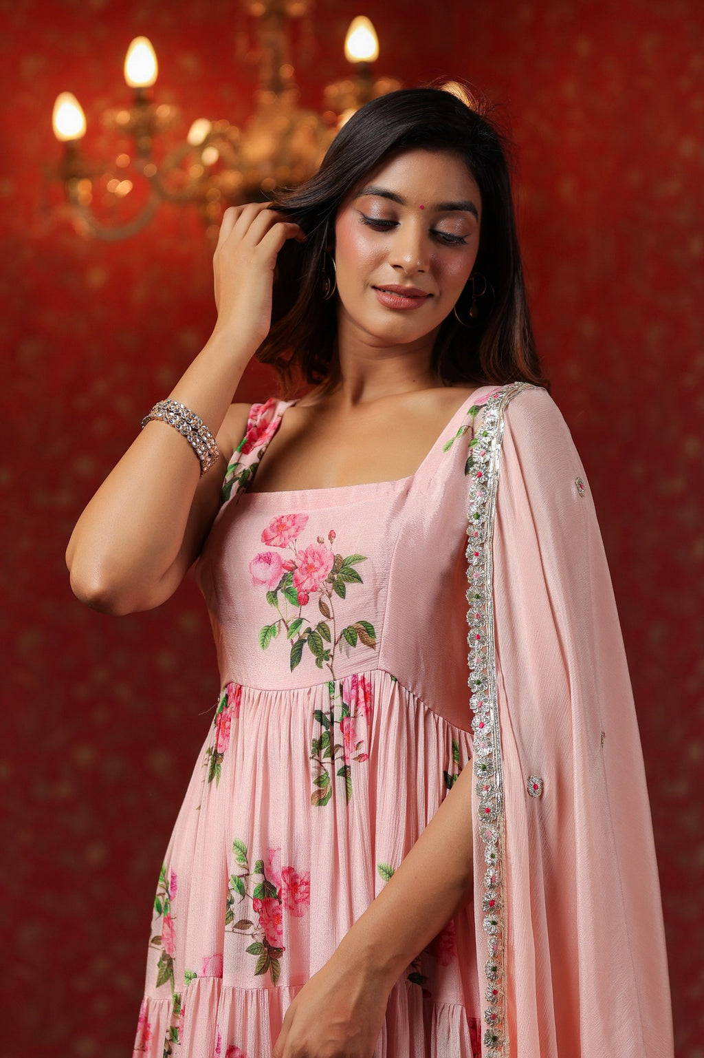 Pink  Chinon Printed  Tired Anarkali Set Of 3