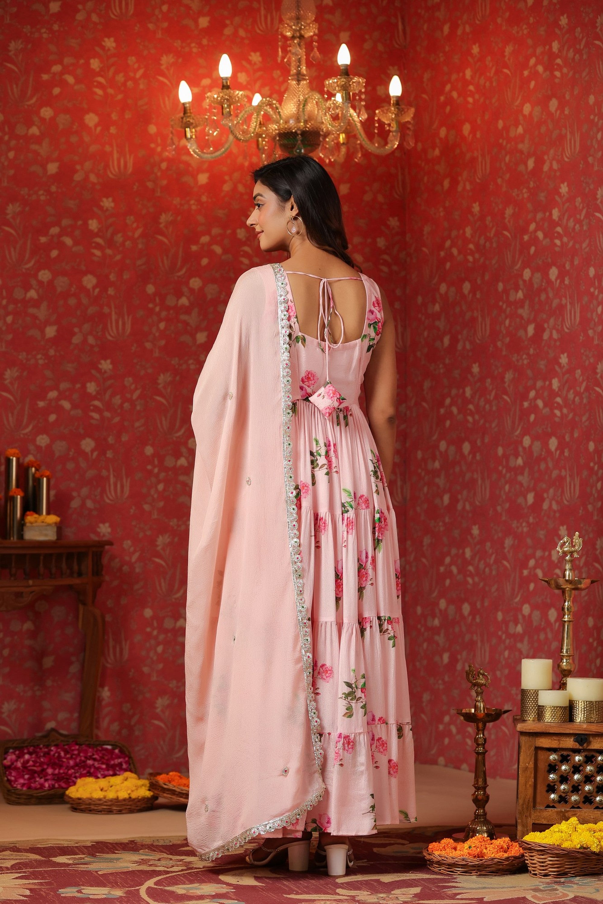 Pink  Chinon Printed  Tired Anarkali Set Of 3