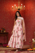 Pink  Chinon Printed  Tired Anarkali Set Of 3