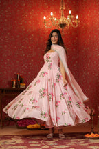 Pink  Chinon Printed  Tired Anarkali Set Of 3