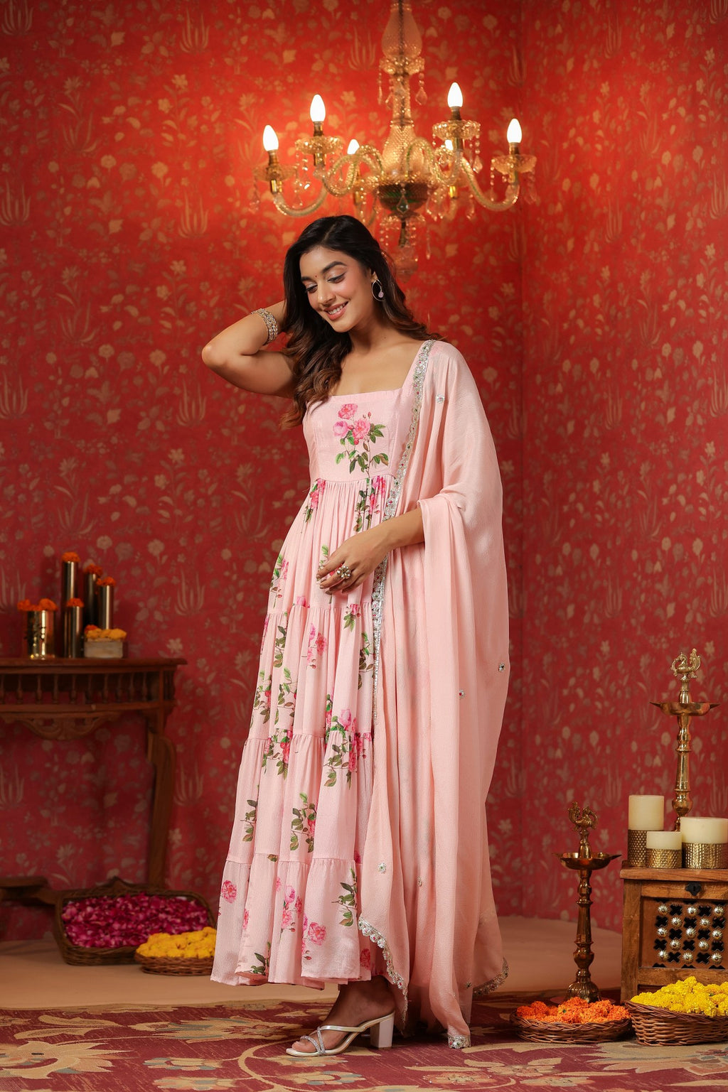 Pink  Chinon Printed  Tired Anarkali Set Of 3