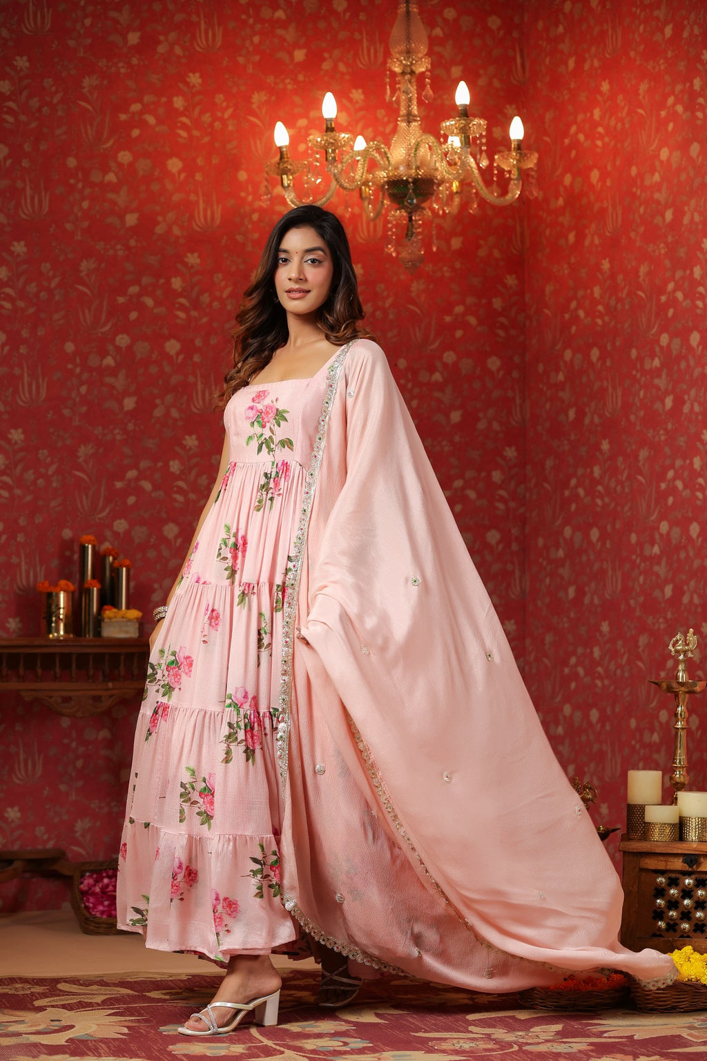 Pink  Chinon Printed  Tired Anarkali Set Of 3