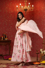 Pink  Chinon Printed  Tired Anarkali Set Of 3