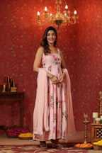 Pink  Chinon Printed  Tired Anarkali Set Of 3