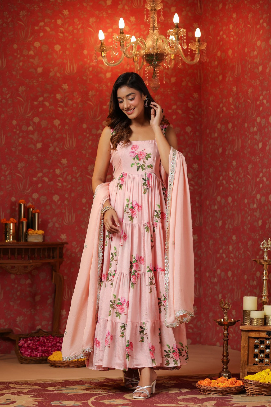 Pink  Chinon Printed  Tired Anarkali Set Of 3