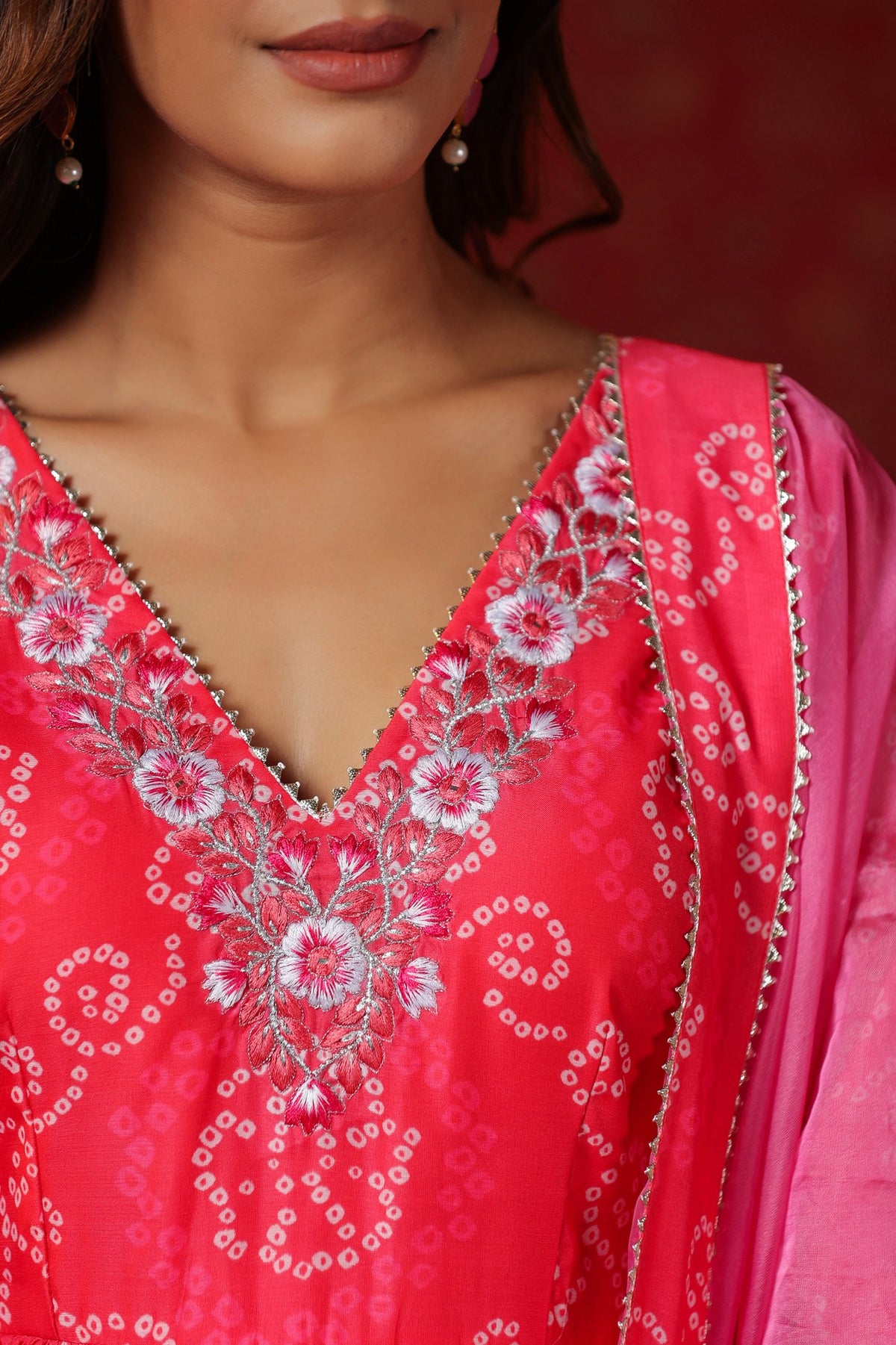 Pink  Chanderi Embroidery Anarkali Set With Churidar Sleeve
