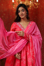 Pink  Chanderi Embroidery Anarkali Set With Churidar Sleeve