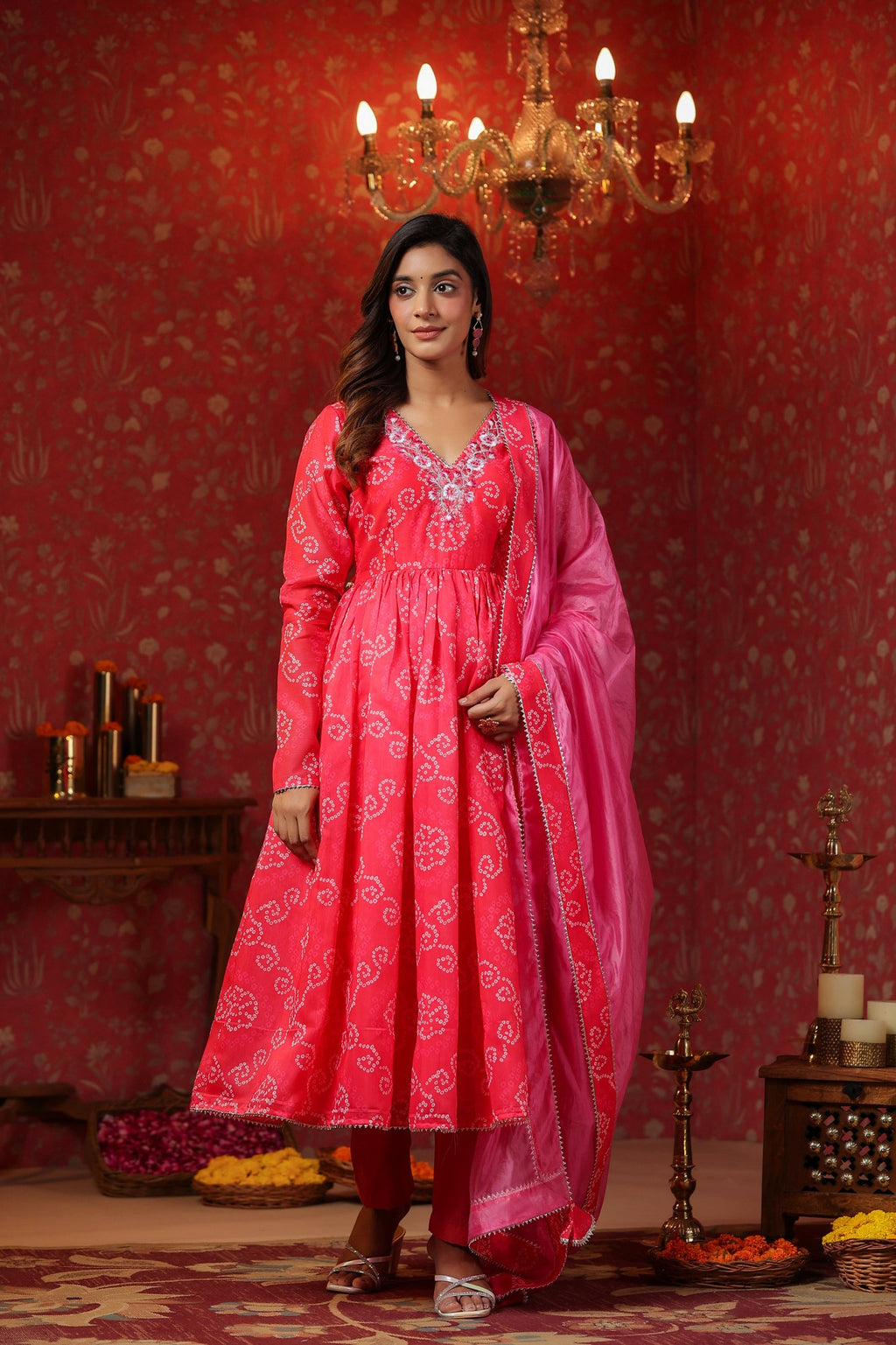 Pink  Chanderi Embroidery Anarkali Set With Churidar Sleeve