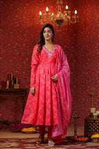 Pink  Chanderi Embroidery Anarkali Set With Churidar Sleeve