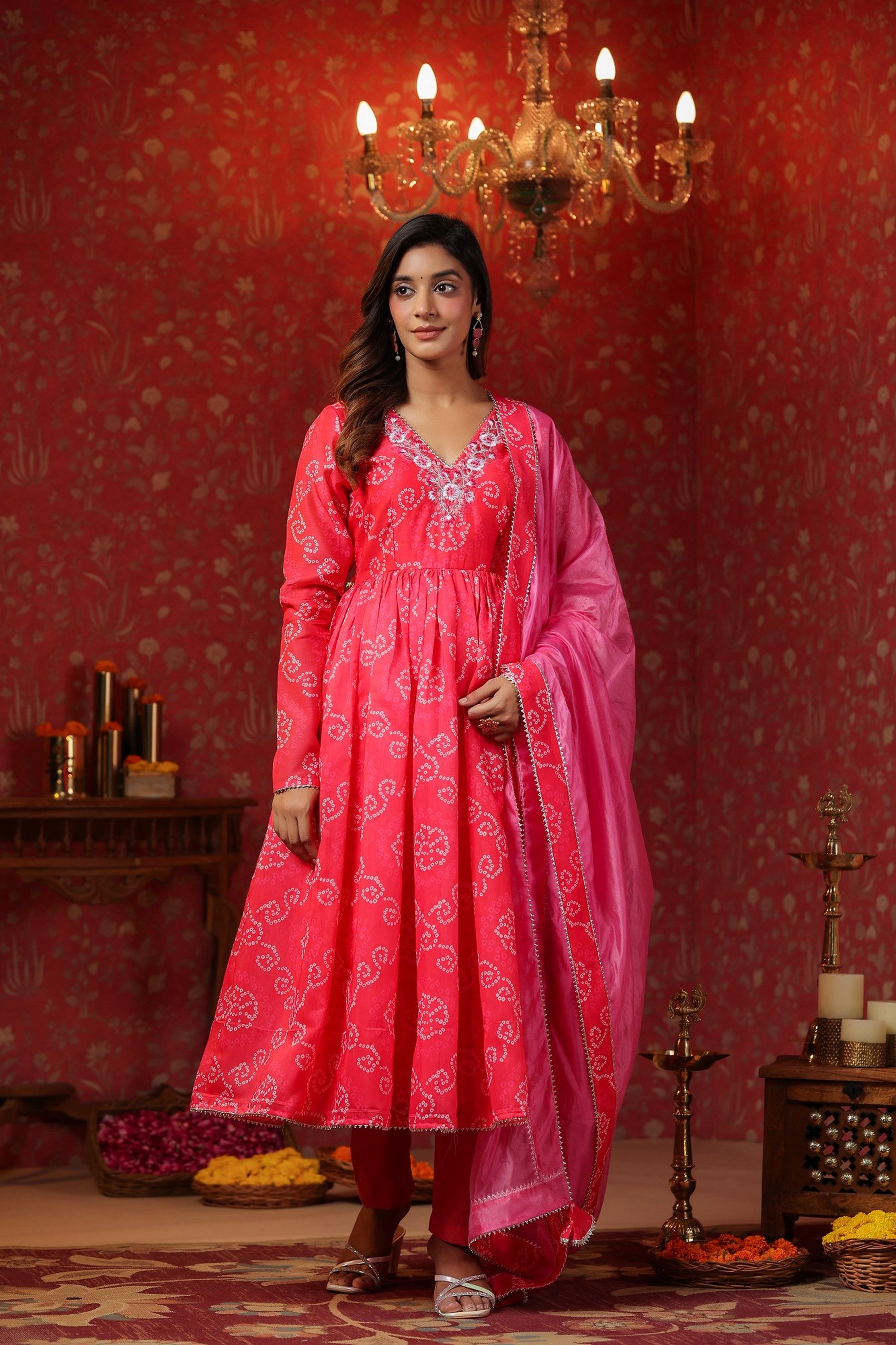 Pink  Chanderi Embroidery Anarkali Set With Churidar Sleeve