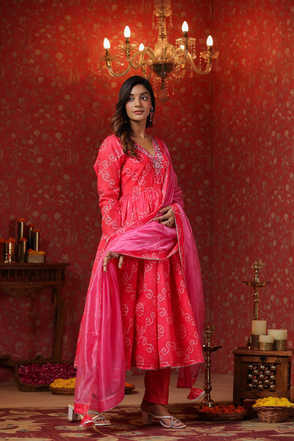 Pink  Chanderi Embroidery Anarkali Set With Churidar Sleeve