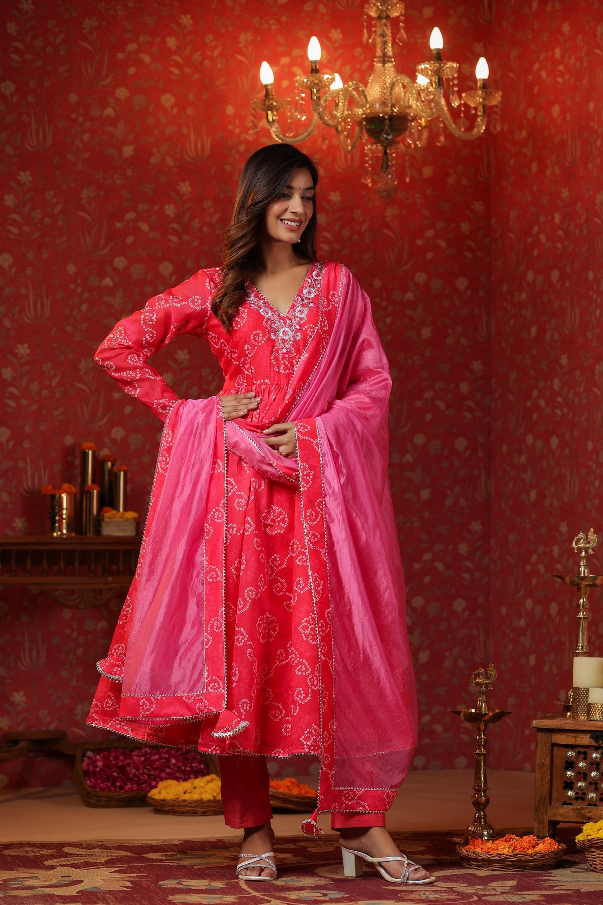 Pink  Chanderi Embroidery Anarkali Set With Churidar Sleeve