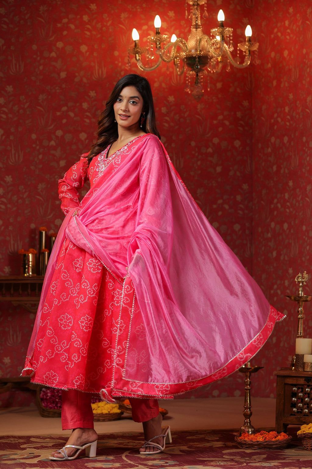 Pink  Chanderi Embroidery Anarkali Set With Churidar Sleeve