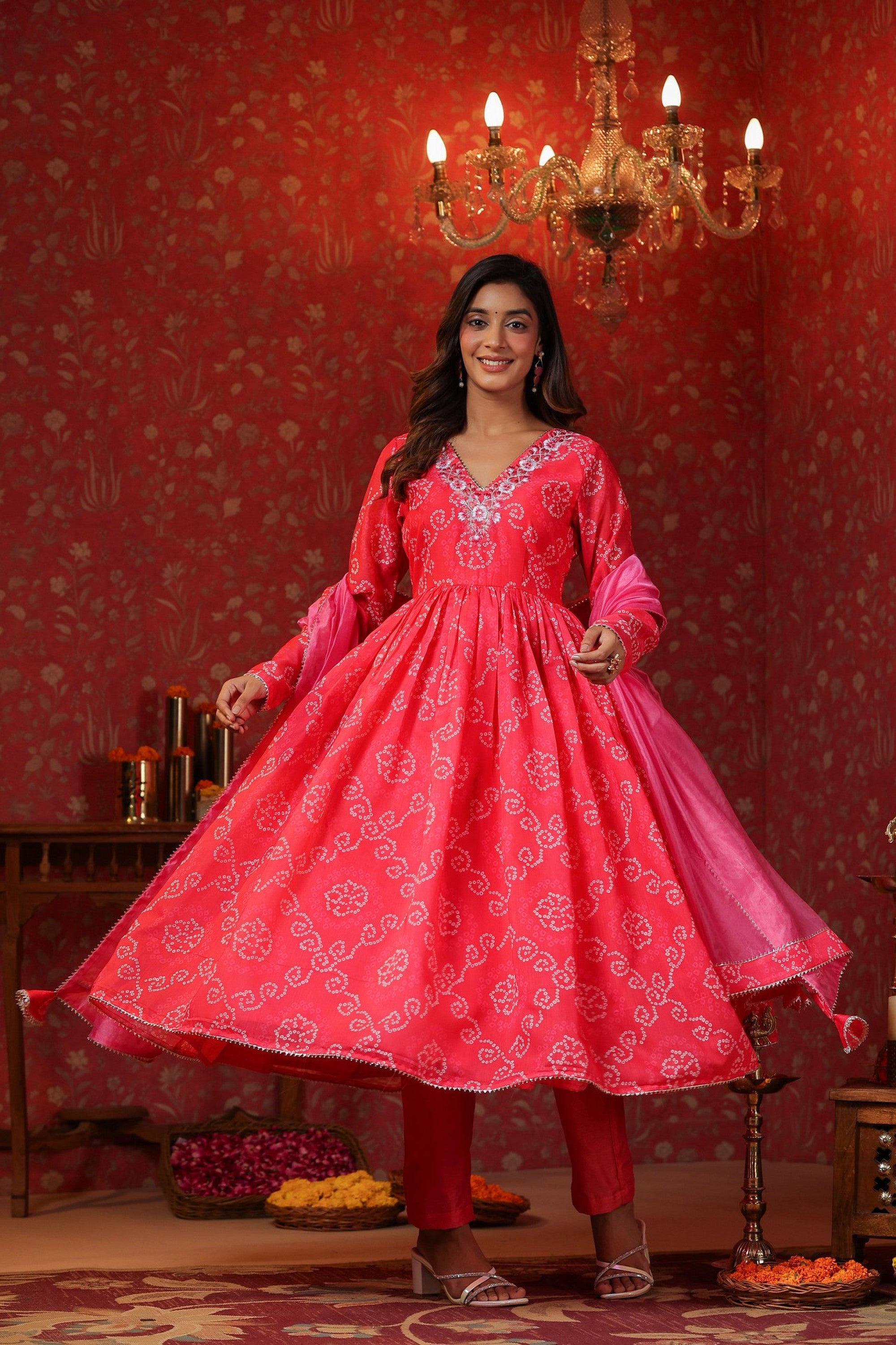 Pink  Chanderi Embroidery Anarkali Set With Churidar Sleeve