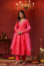 Pink  Chanderi Embroidery Anarkali Set With Churidar Sleeve