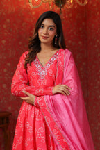 Pink  Chanderi Embroidery Anarkali Set With Churidar Sleeve