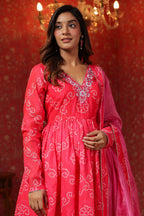 Pink  Chanderi Embroidery Anarkali Set With Churidar Sleeve