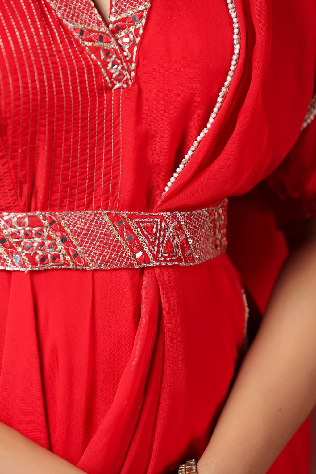 Red  Natural Crepe Embroidery Neck With Belt Drapad Duptta Dress