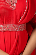 Red  Natural Crepe Embroidery Neck With Belt Drapad Duptta Dress