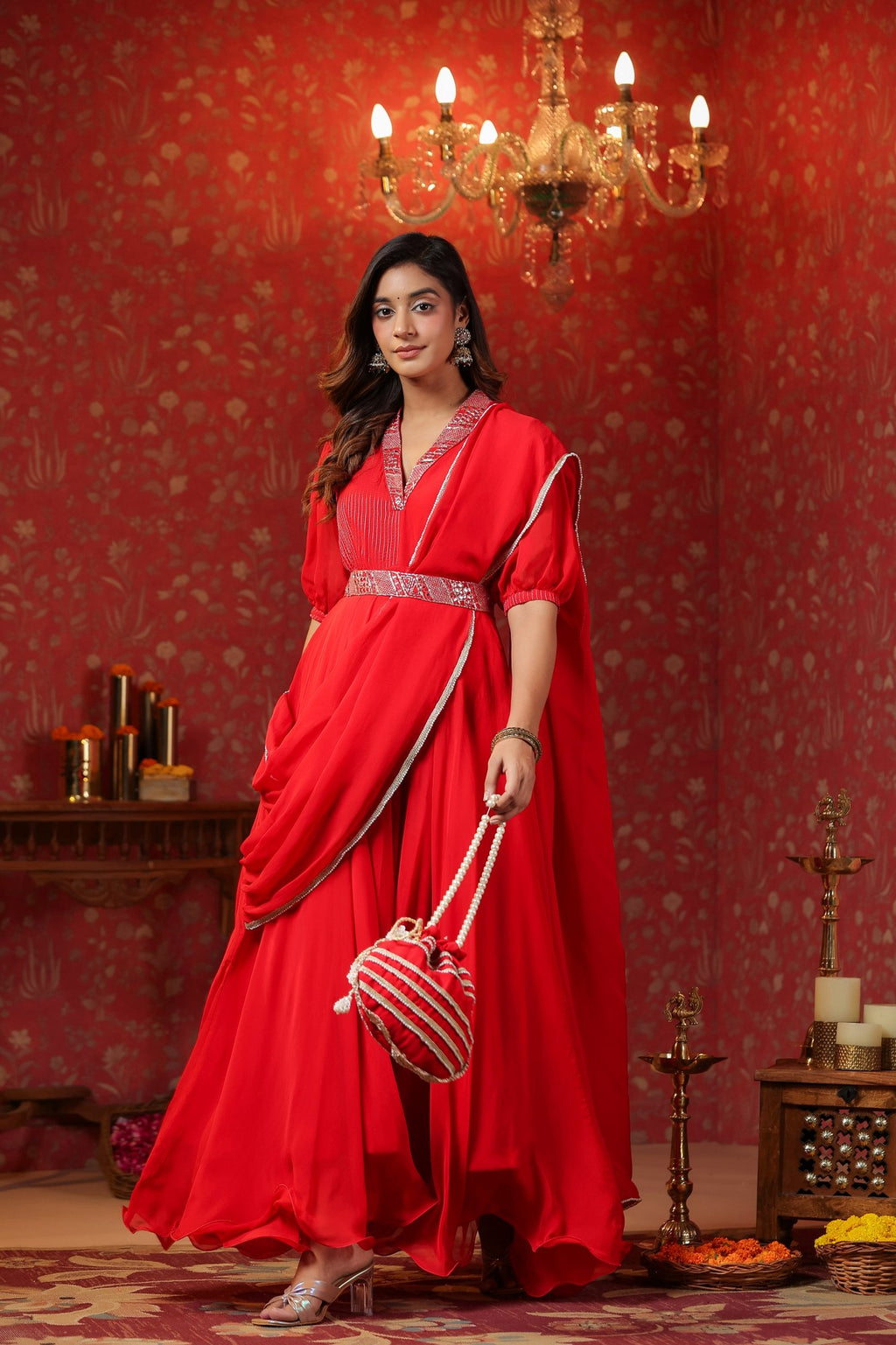 Red  Natural Crepe Embroidery Neck With Belt Drapad Duptta Dress