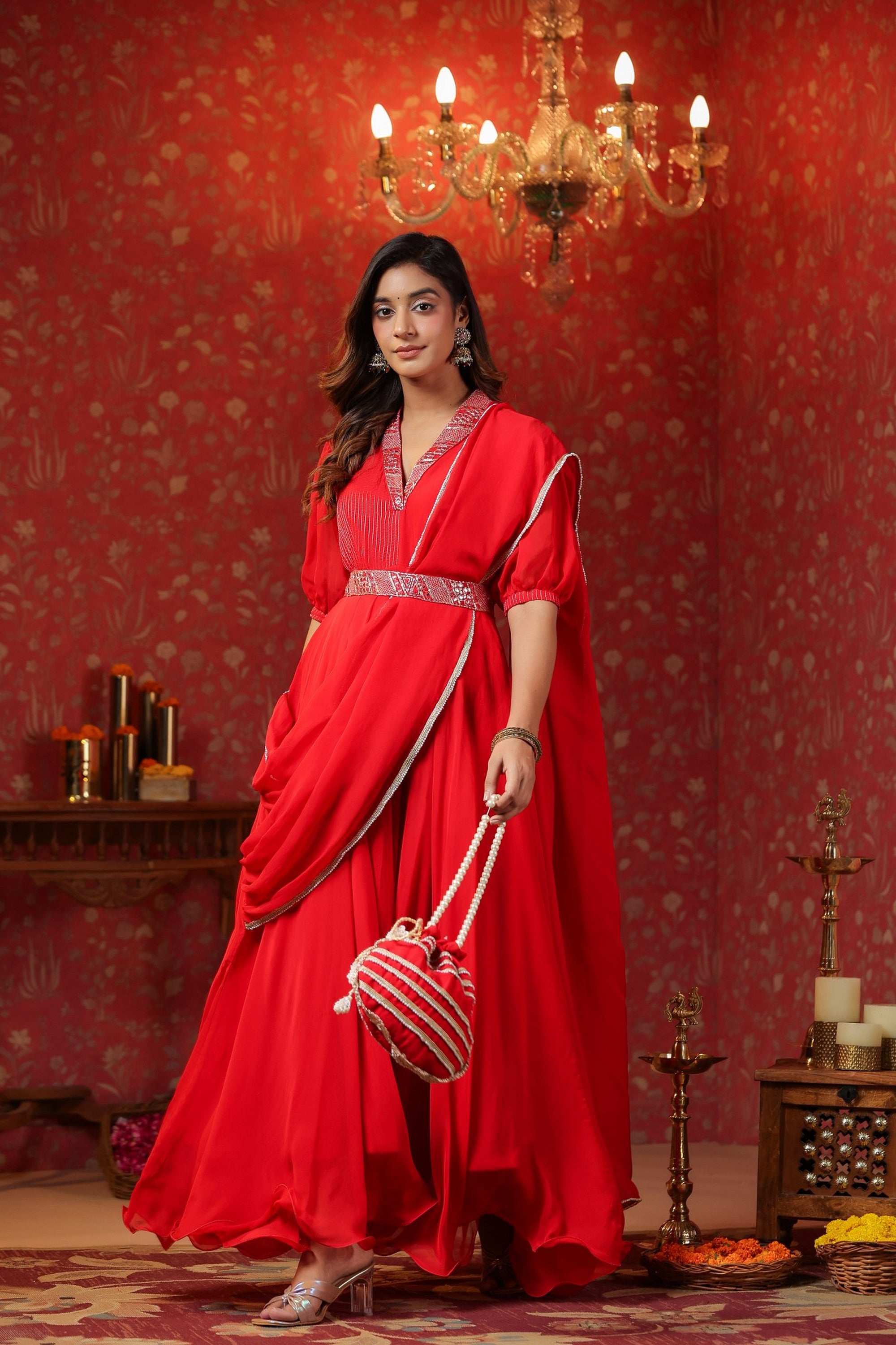 Red  Natural Crepe Embroidery Neck With Belt Drapad Duptta Dress