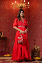 Red  Natural Crepe Embroidery Neck With Belt Drapad Duptta Dress
