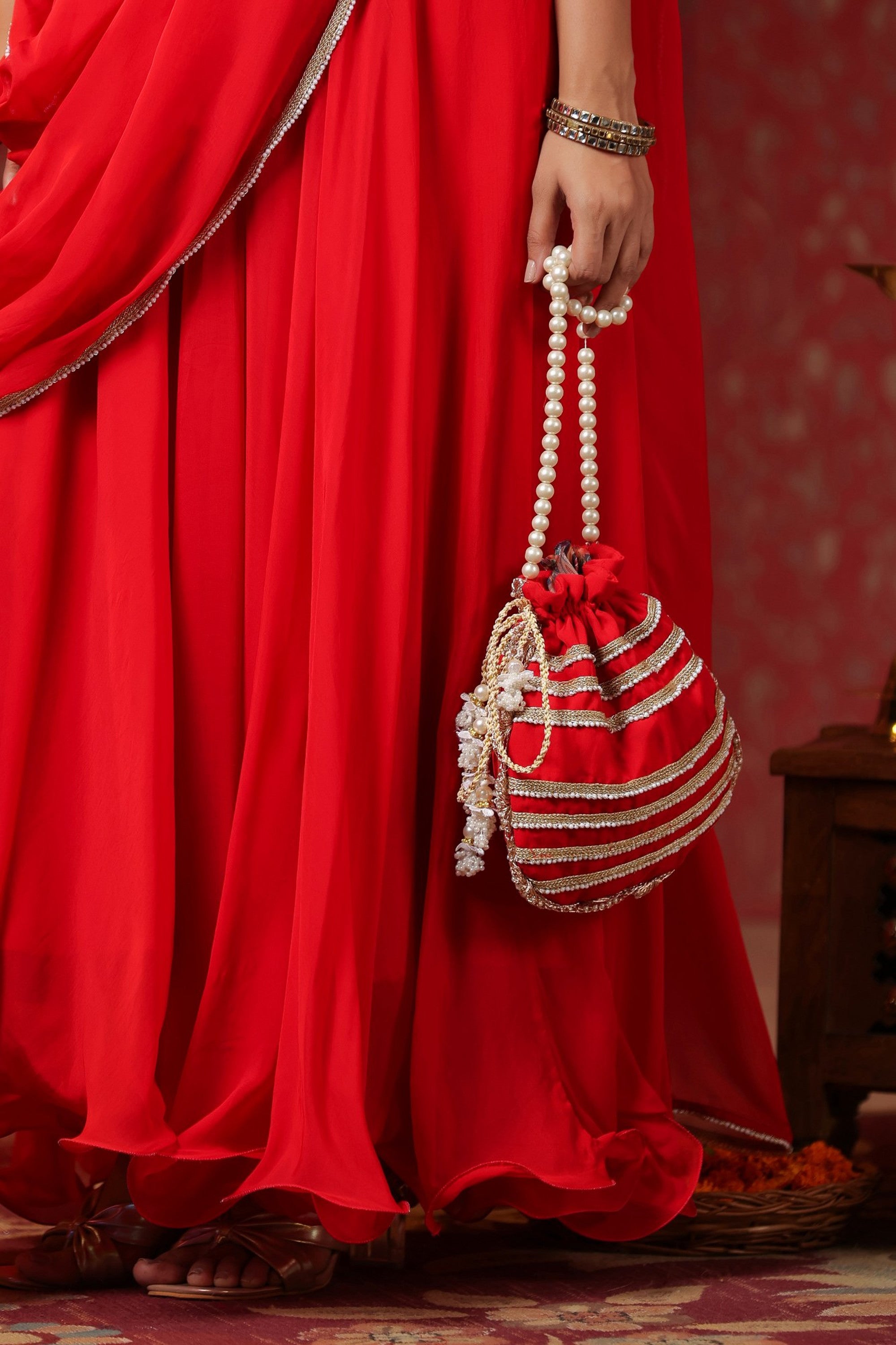 Red  Natural Crepe Embroidery Neck With Belt Drapad Duptta Dress