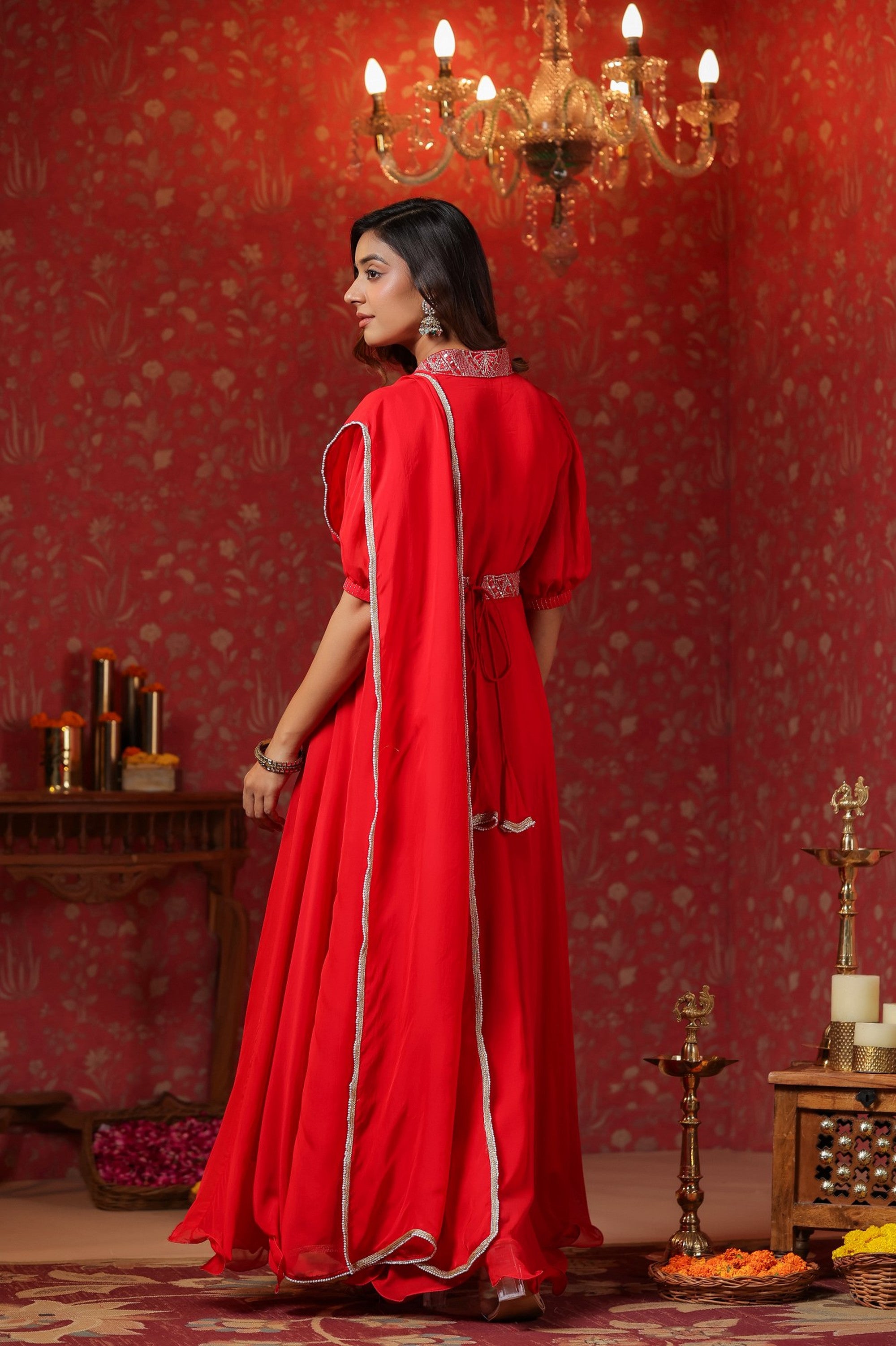 Red  Natural Crepe Embroidery Neck With Belt Drapad Duptta Dress