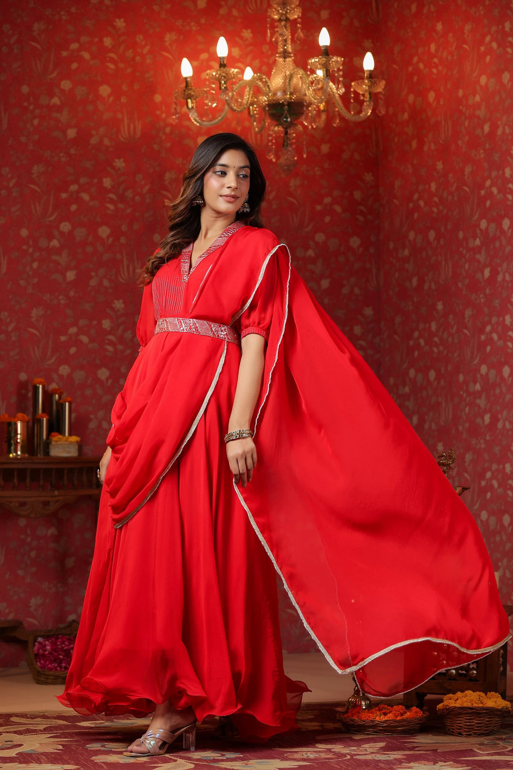 Red  Natural Crepe Embroidery Neck With Belt Drapad Duptta Dress