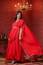 Red  Natural Crepe Embroidery Neck With Belt Drapad Duptta Dress