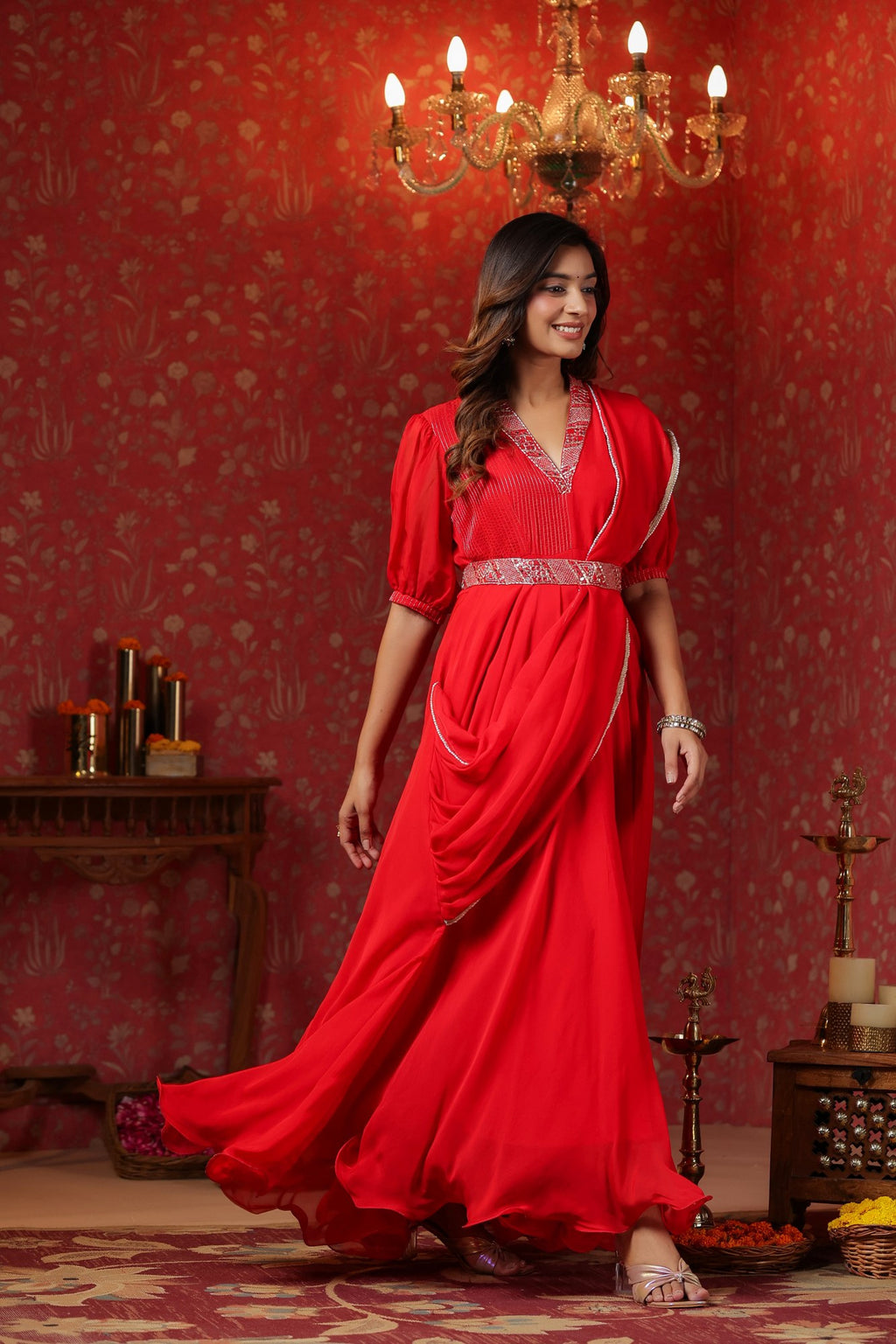 Red  Natural Crepe Embroidery Neck With Belt Drapad Duptta Dress
