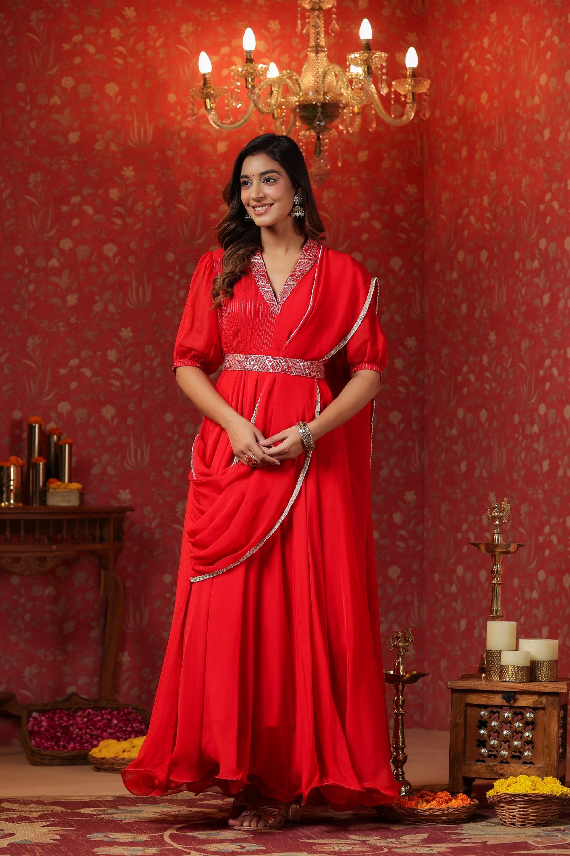 Red  Natural Crepe Embroidery Neck With Belt Drapad Duptta Dress