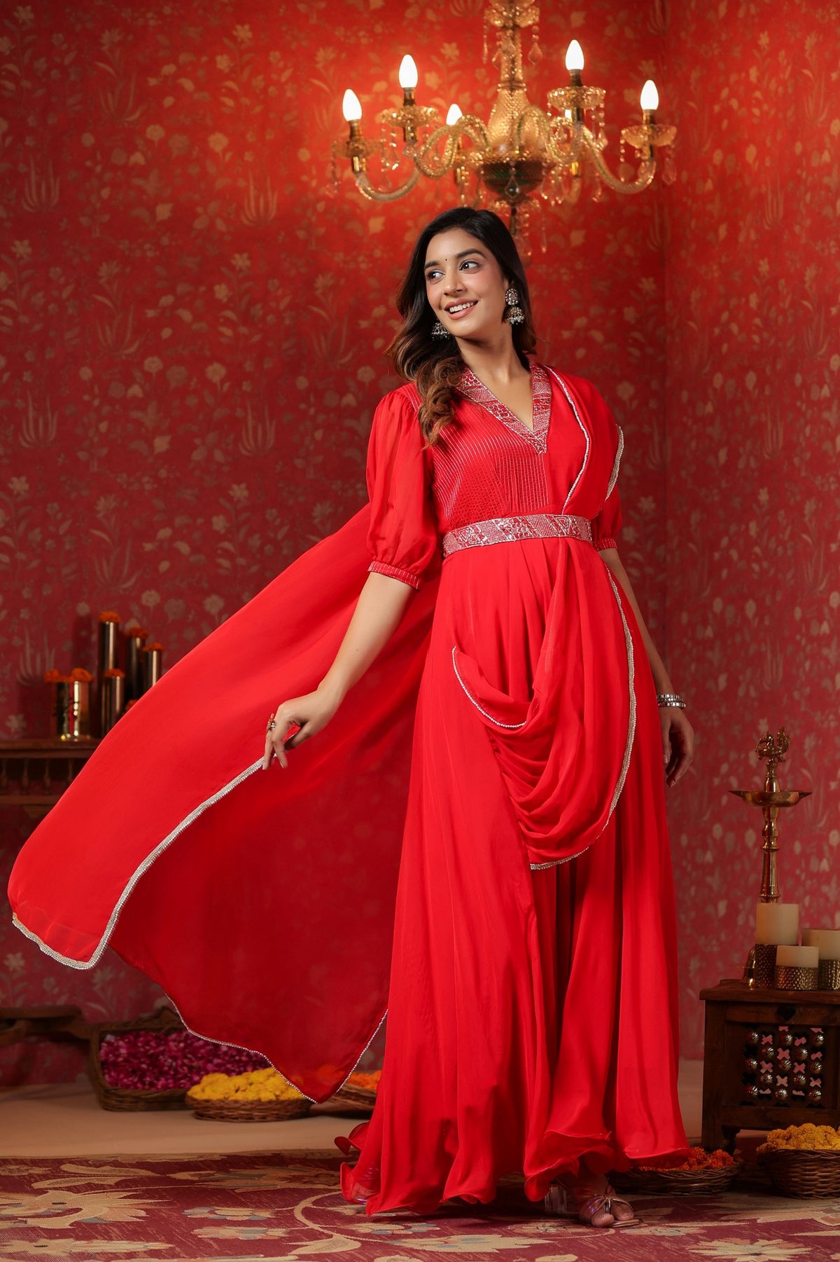 Red  Natural Crepe Embroidery Neck With Belt Drapad Duptta Dress