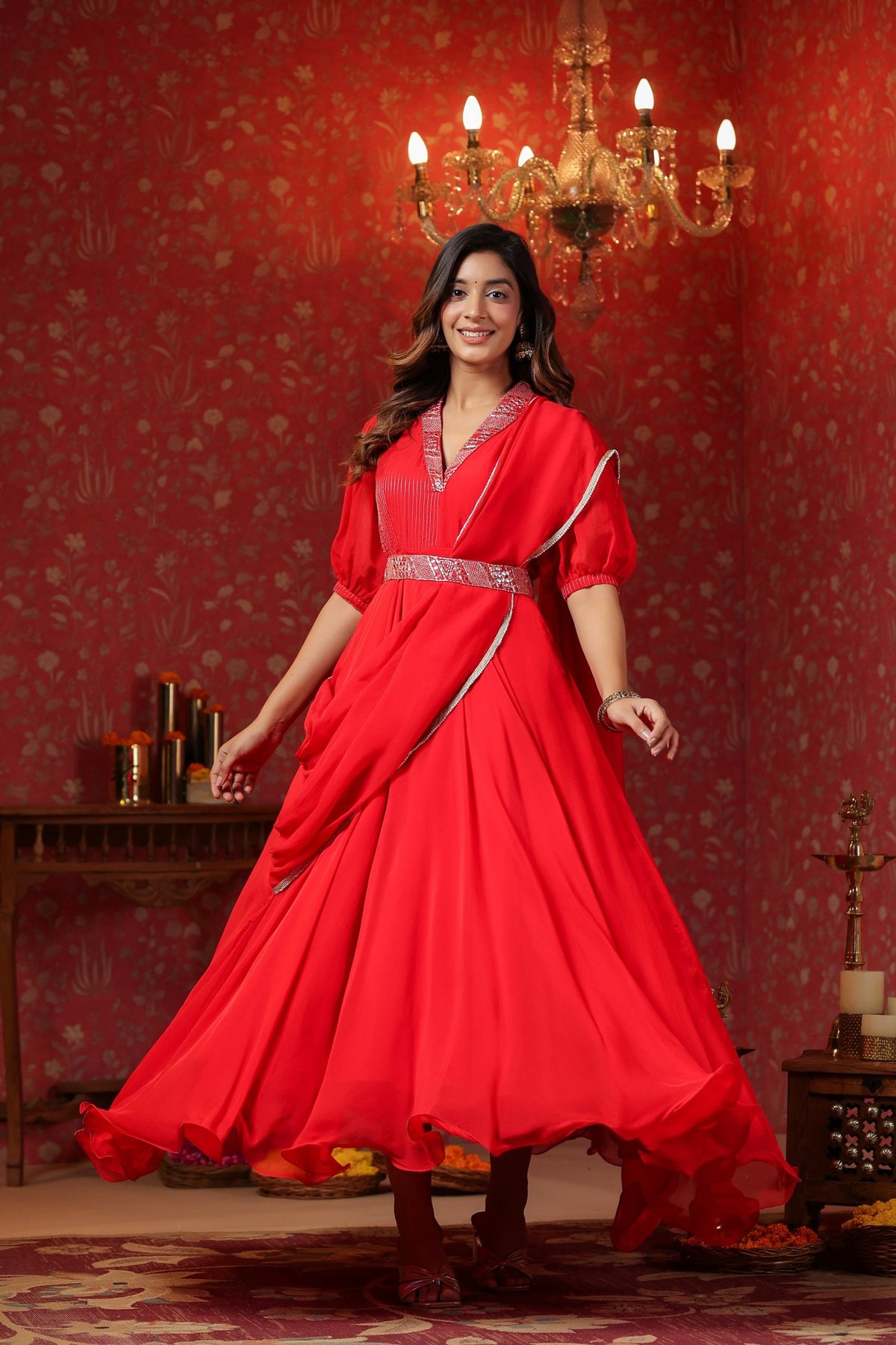 Red  Natural Crepe Embroidery Neck With Belt Drapad Duptta Dress