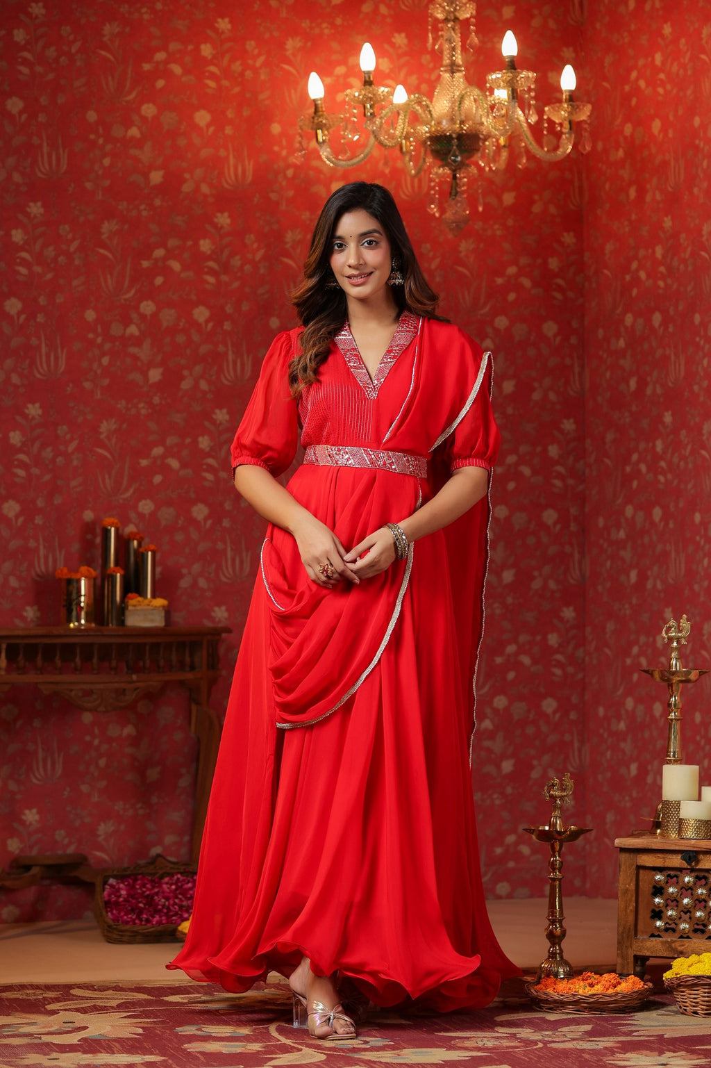 Red  Natural Crepe Embroidery Neck With Belt Drapad Duptta Dress