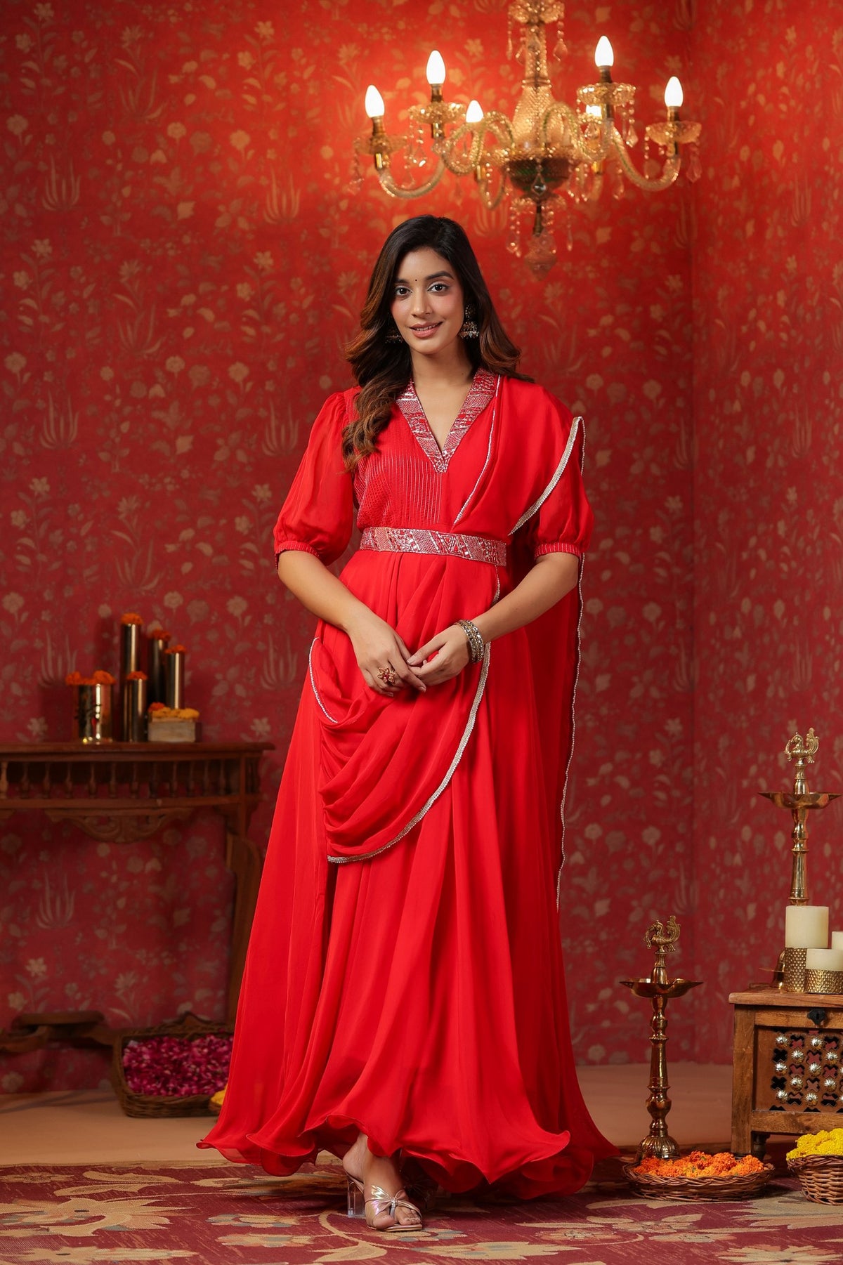 Red  Natural Crepe Embroidery Neck With Belt Drapad Duptta Dress