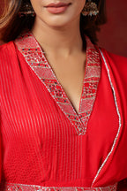 Red  Natural Crepe Embroidery Neck With Belt Drapad Duptta Dress