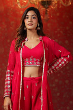 Red Georgette Embroidery Sequnce Work Anarkali Suit Set  Of 3