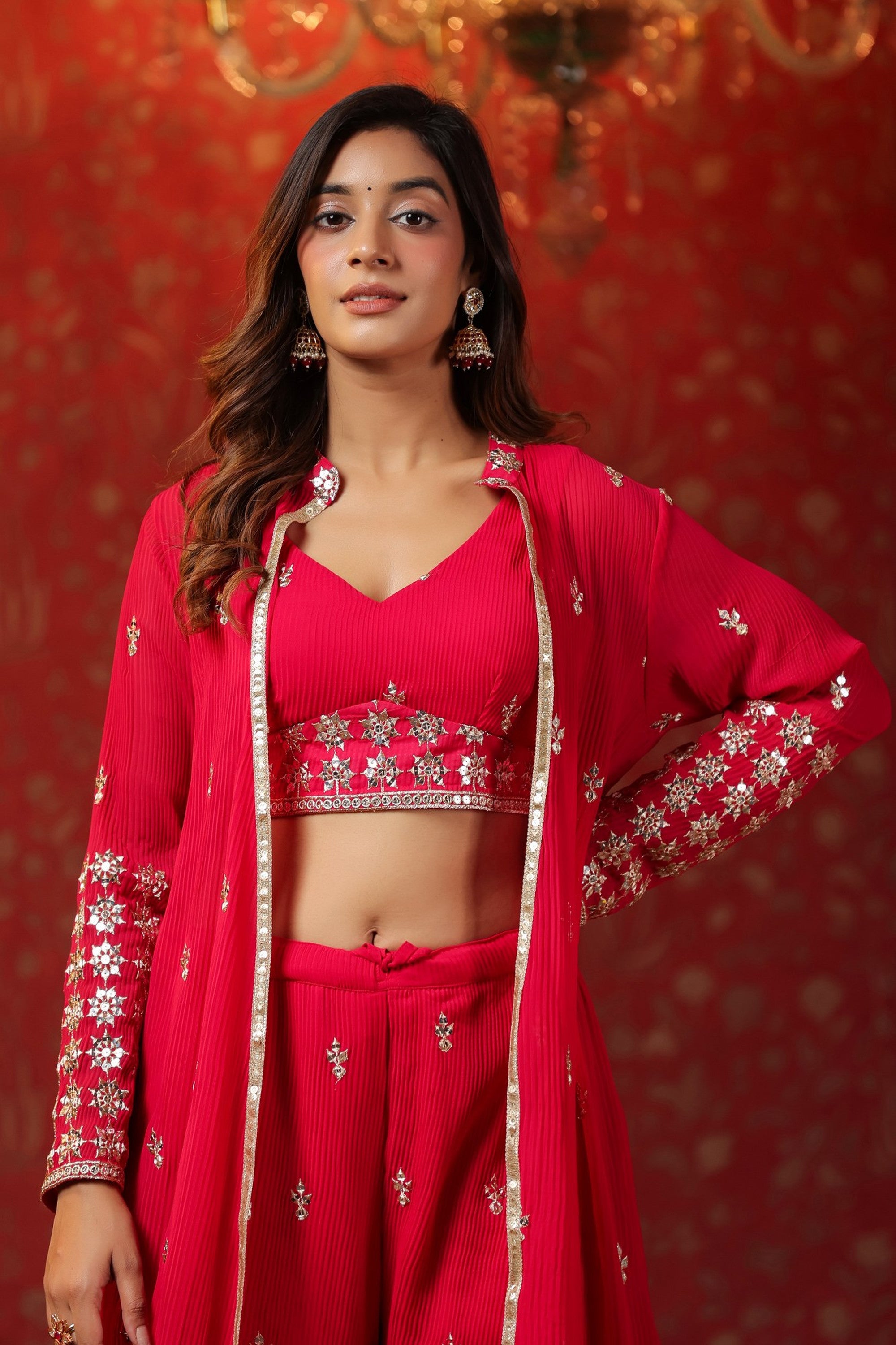 Red Georgette Embroidery Sequnce Work Anarkali Suit Set  Of 3