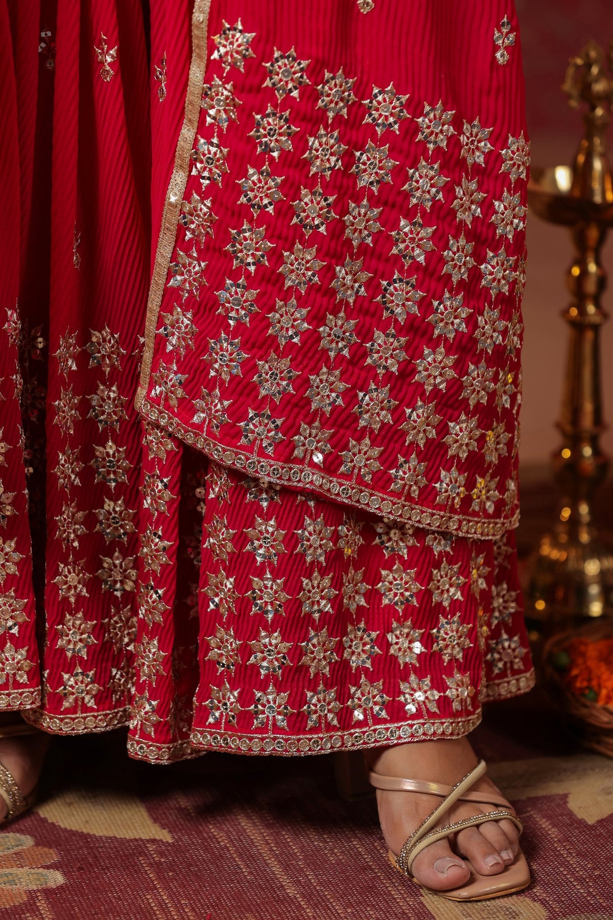 Red Georgette Embroidery Sequnce Work Anarkali Suit Set  Of 3