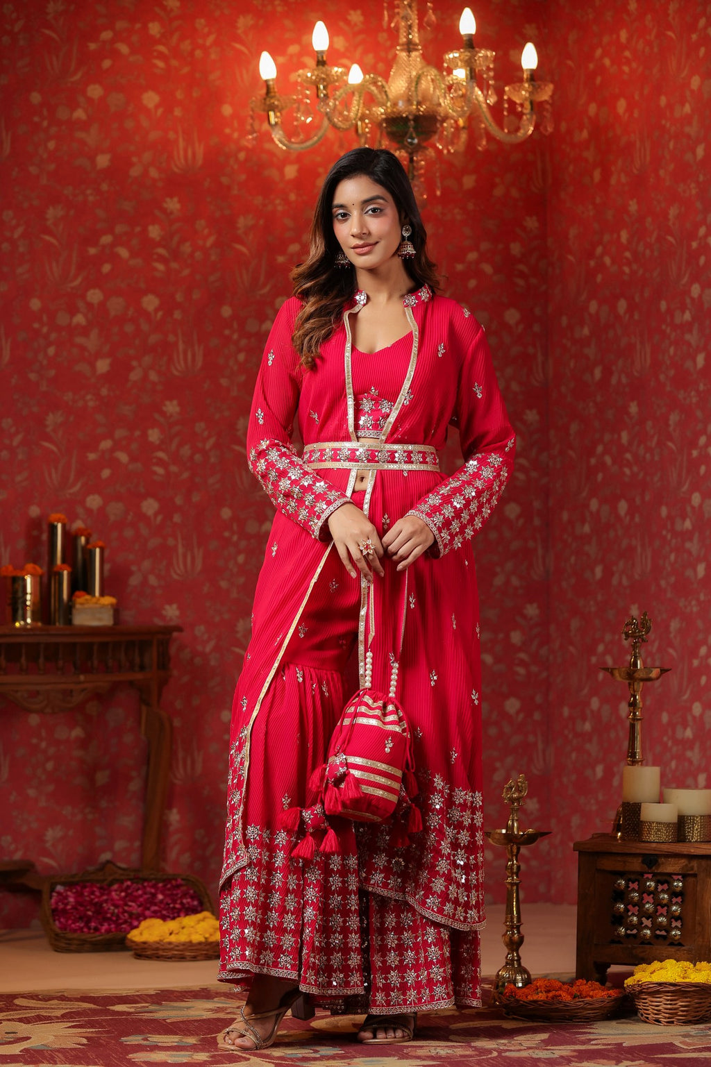 Red Georgette Embroidery Sequnce Work Anarkali Suit Set  Of 3