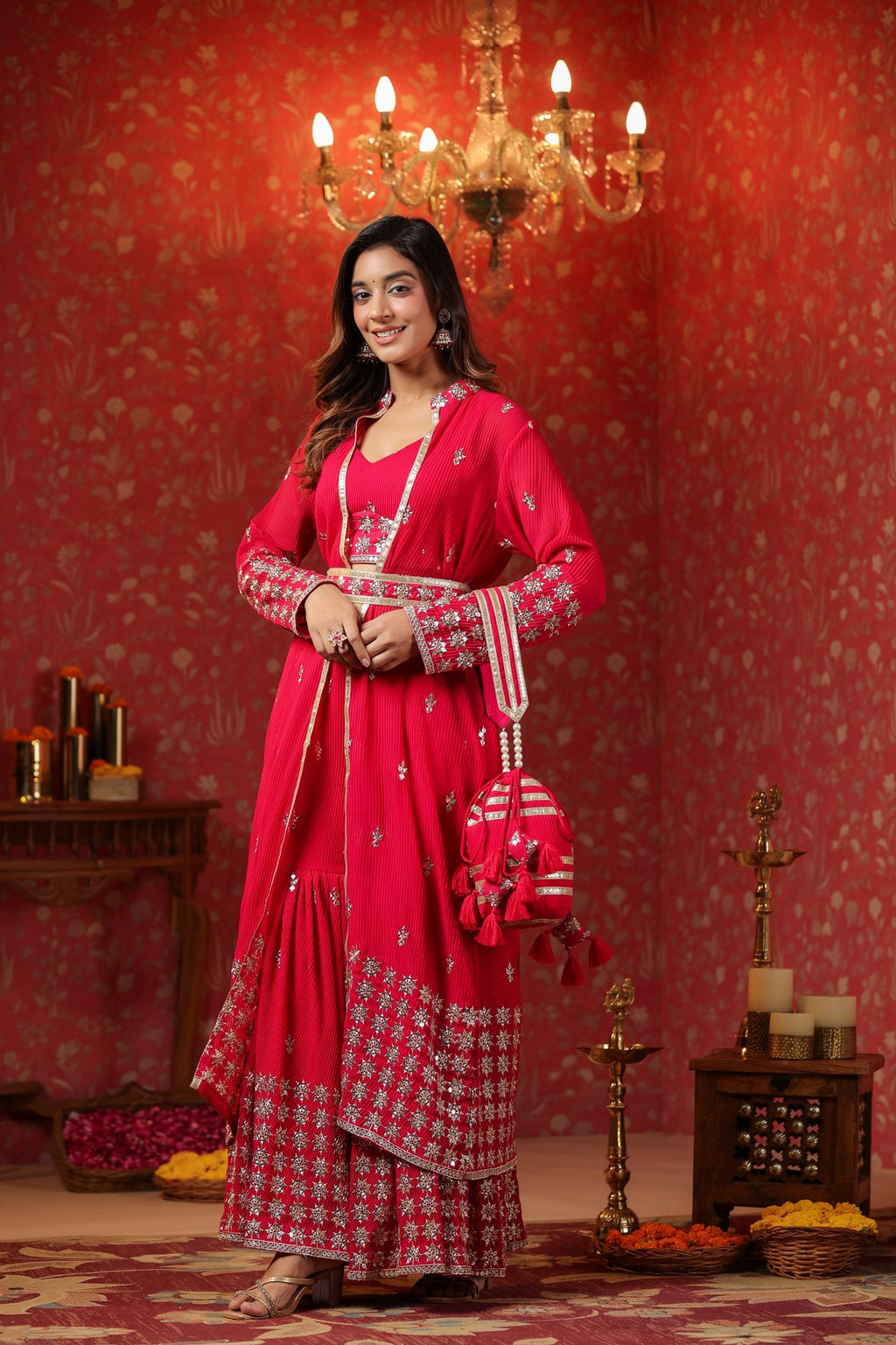 Red Georgette Embroidery Sequnce Work Anarkali Suit Set  Of 3