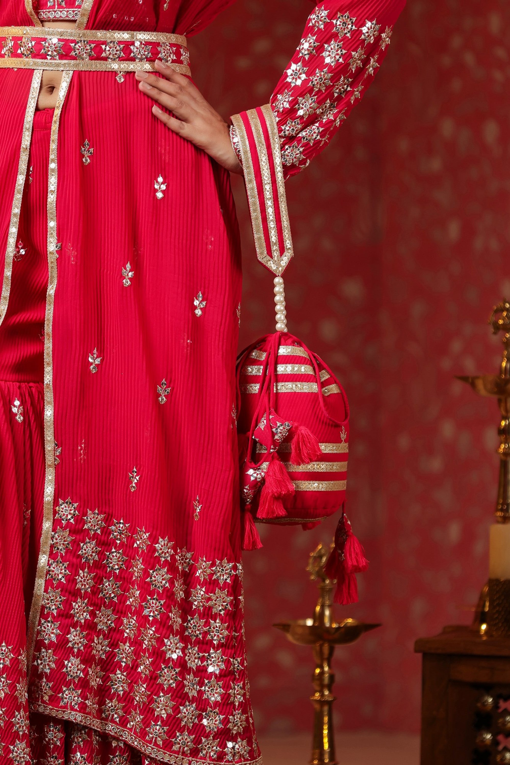 Red Georgette Embroidery Sequnce Work Anarkali Suit Set  Of 3
