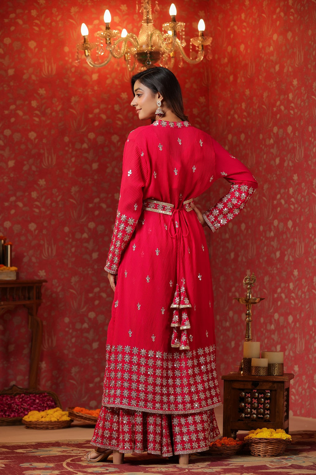 Red Georgette Embroidery Sequnce Work Anarkali Suit Set  Of 3